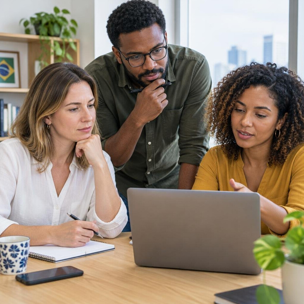 Colleagues collaborating around a laptop