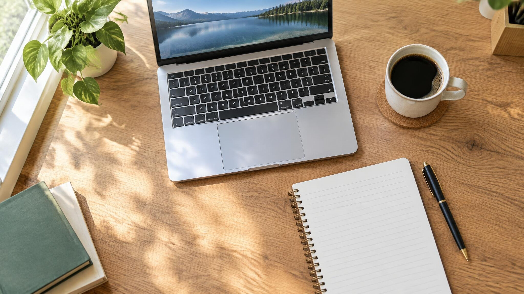 Laptop and notebook on a wooden desk with a cup of coffee