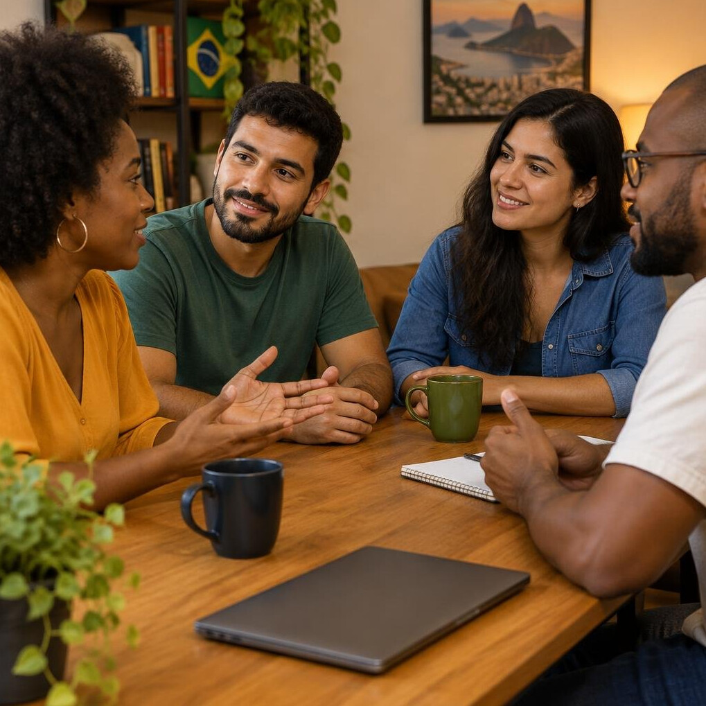People having a friendly discussion around a table