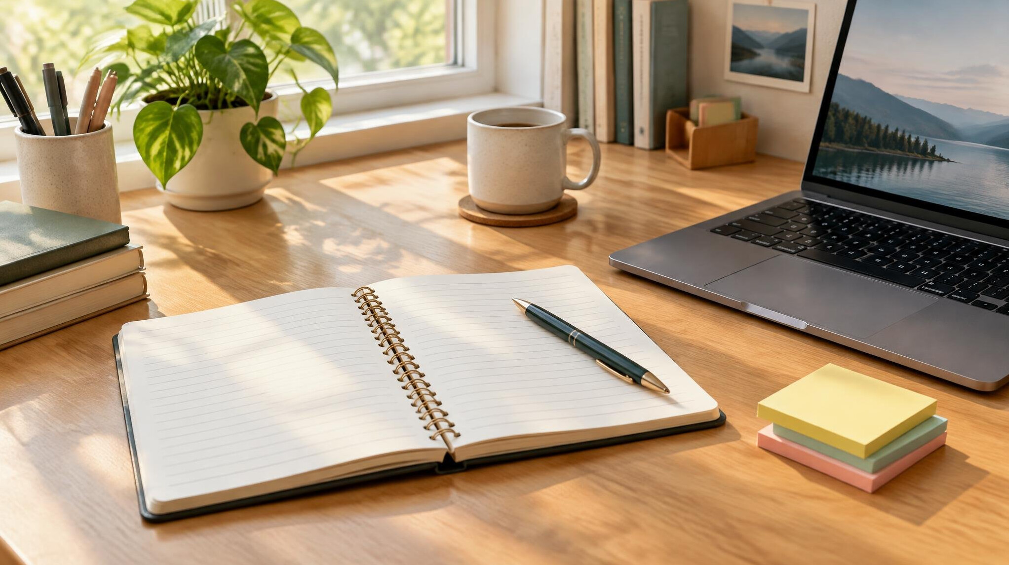 Desk with notebook, pen and papers for taking notes